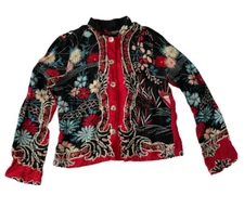 Citron Santa Monica Oriental Asian printed silk crinkle button front top xs