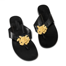 Valentino Ceramic Flower Black Leather Thong Slip-on Flip Flop Sandals EU38 US8