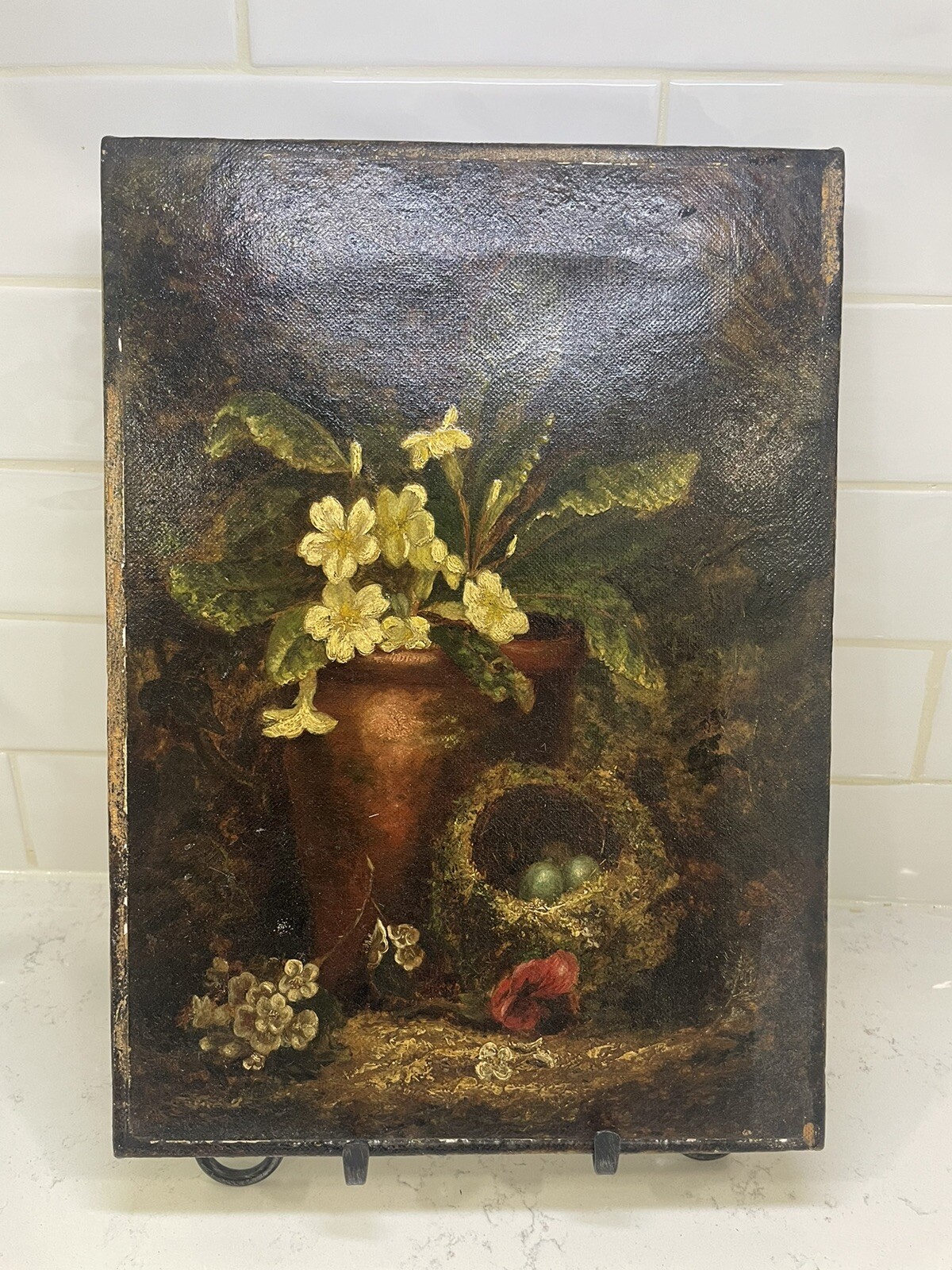 Antique Old Still Life Oil Painting Floral On Canvas Signed 14” By 10