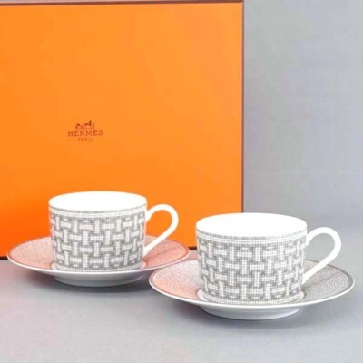 HERMES MOSAIQUE AU 24 PLATINUM PAIR OF TEA CUPS & SAUCERS 35016P