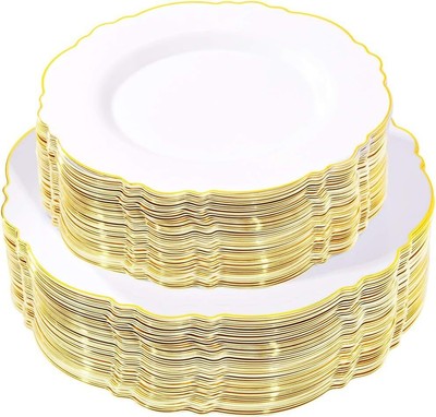 100pcs Gold Plastic Plates Highend Baroque Design Heavy Duty White &gold Wedding