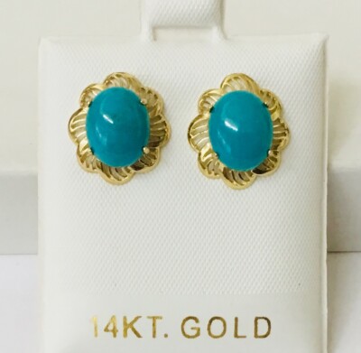 Solid 14K Yellow Gold Genuine Natural Turquoise Lacey Mounting
