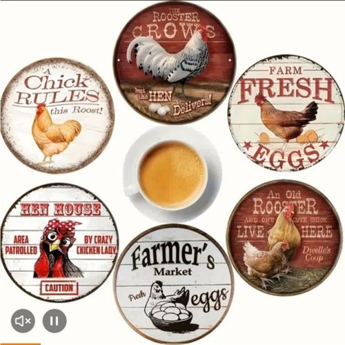 6 PIECE SET WOODEN FARMHOUSE DRINK COASTERS CHICKENS
