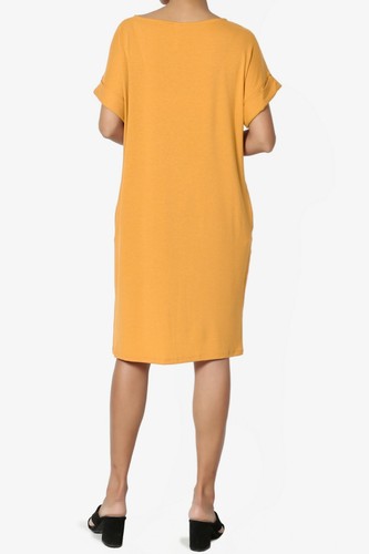 TheMogan S~3XL Rolled Short Sleeve Pocket Boxy Relaxed Jersey Midi T-Shirt Dress - Picture 159 of 187