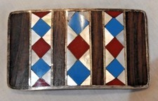 Southwestern Sterling Silver, Turquoise, Coral, MOP  Wood Inlay Belt Buckle