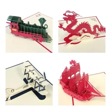 Wrapables® 3D Pop-Up Greeting Cards (Set of 4), Train, Ship, Plane, Dragon