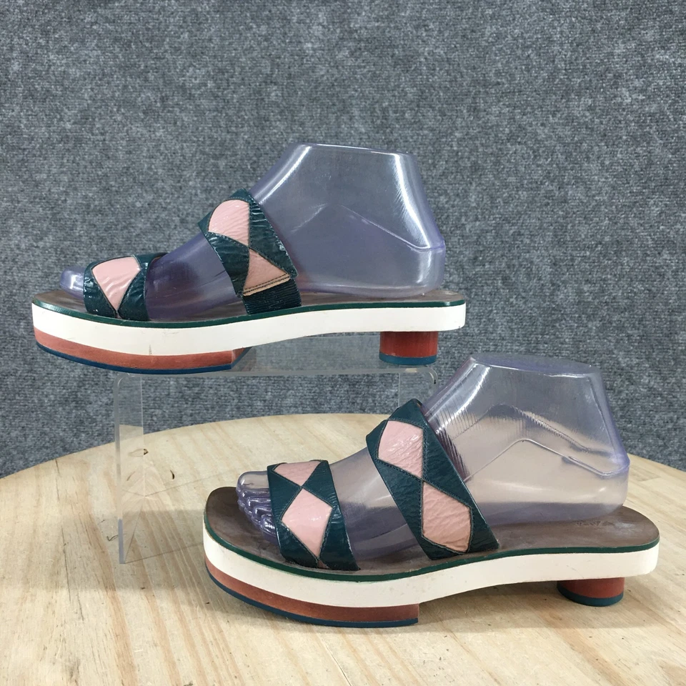 Zara Woman Sandals Womens 37 Casual Comfort Slip On Two Strap Slide Teal Leather - Image 2 of 4