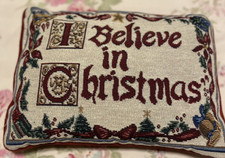 Folksy Tapestry Pillow I Believe In Christmas 11" x 9" Tree Holiday Xmas