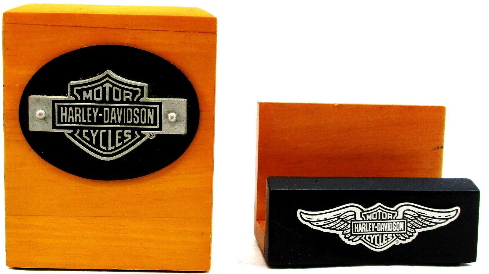 Harley Davidson Wood Desk Set Metal Logo 2000 Brown B… Gem