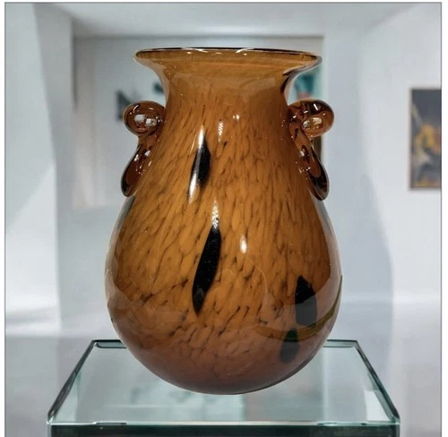 vintage murano style hand blown glass vase Orange With Applied Glass Handles