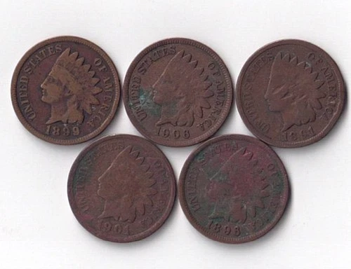 Lot of 5 Indian Head Pennies - About Good to Good - 1891, 1896, 1899, 1901, 1906
