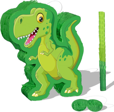 Green Dinosaur Piñata Bundle, String Piñata Dinosaur with a Blindfold and Stick 
