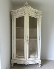 Armoire, Shabby Chic White 2 Door Linen Cupboard Wire Front 3 Shelves 2 Draws