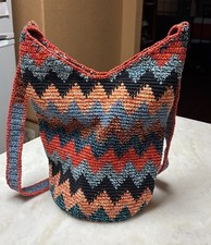 Boho Crochet Knit Chevron Crossbody Shoulder Bag Zip Closure Bucket Style