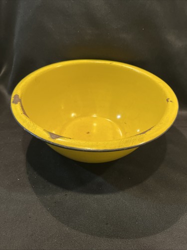 Antique Large Metal Enamel Mixing Bowl Canary Yellow with a Black Rim 11” X 4”