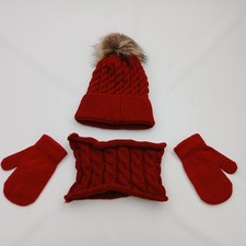 Red Knitted Beanie And Gloves Set For Girls-Kids Set Up