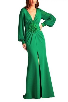 Tadashi Shoji Emerald Green Floral Long Sleeve Crepe Chiffon Dress