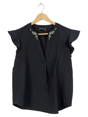 GUESS Chemisier Femme Noir Strass Volant Élégant (EU 42, INT XL) - Photo 1/4