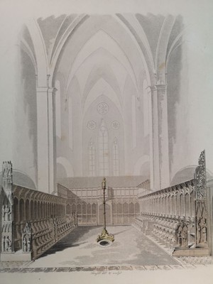 Altkolorierte Lithographie von 1827 . Schweden ''Choret i Lunds Domkyrka.'' Forsse