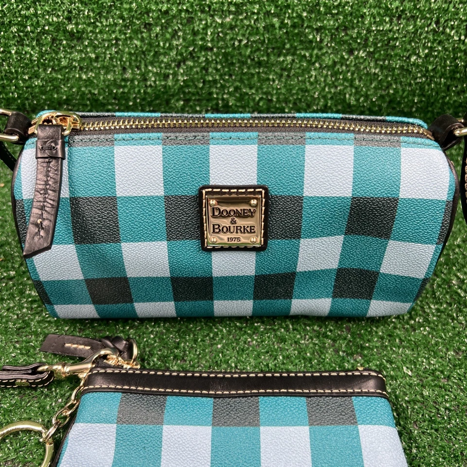 Bandolera Dooney & Bourke Tucker Penny verde azulado a cuadros y monedero a juego nueva Foto 4 de 4