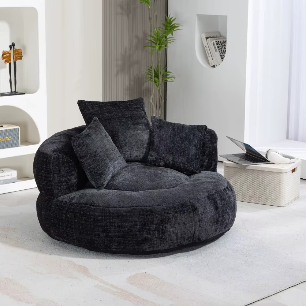 Canapé lounge en chenille premium blanc cassé avec assise ronde rembourrée