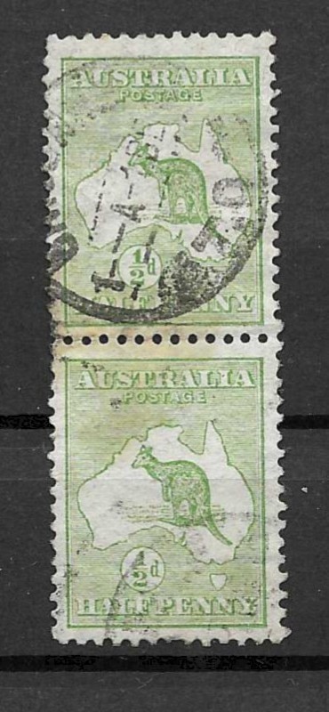 1913 Australia Sc1 ½d Kangaroo pair used