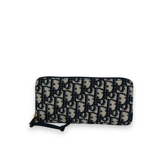 Portefeuille long CHRISTIAN DIOR bleu jacquard logo oblique fermeture éclair autour