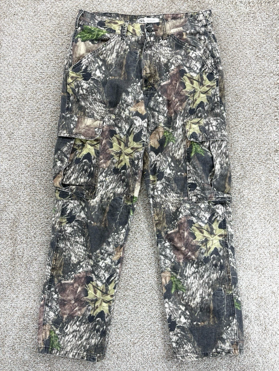 Zara Camo Cargo Pants Mens 31x29 Green Brown Natural Leaf Mossy Oak 100% Cotton