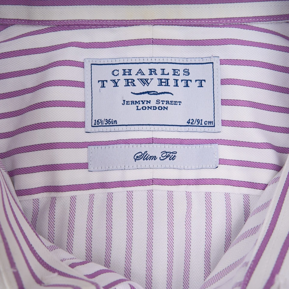 Camisa de Vestir Charles Tyrwhitt Hombres 16.5 36 Calce Ajustado Púrpura Rayas Abotonadas Extendidas Foto 4 de 4