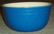 VINTAGE NIEBIESKA CERAMICZNA MISKA DO MIESZANIA, 1/2 GALONA, CRACK