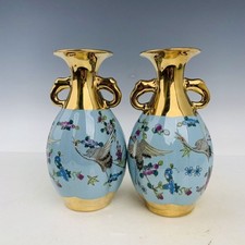 7.5" Old Song dynasty Porcelain ru kiln mark pair Crane flowers double ear vases