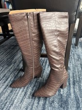 LifeStride Stratford Soft System Knee High Brown Leather Embossed Zip Boots 7W