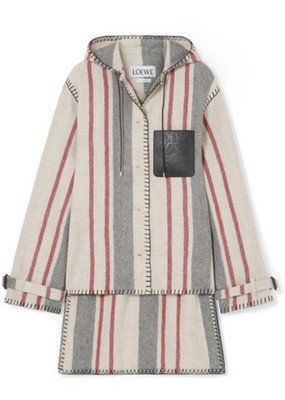 LOEWE Hooded Striped Leather-trimmed Wool-canvas Jacket
