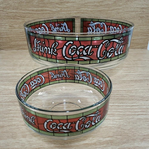 Vintage Coca Cola 10" & 5"   Glass Tiffany Style Bowl Chip And Dip Set Rare