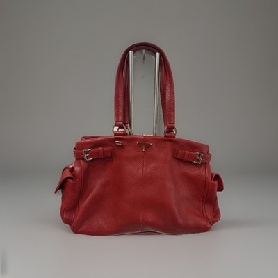 Authentic PRADA Vitello Daino Red Leather Buckle Tote Bag & Matching Pouch