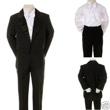 Infant Toddler Boy Black Formal Tuxedo White Paisley Vest Suit set size S-20