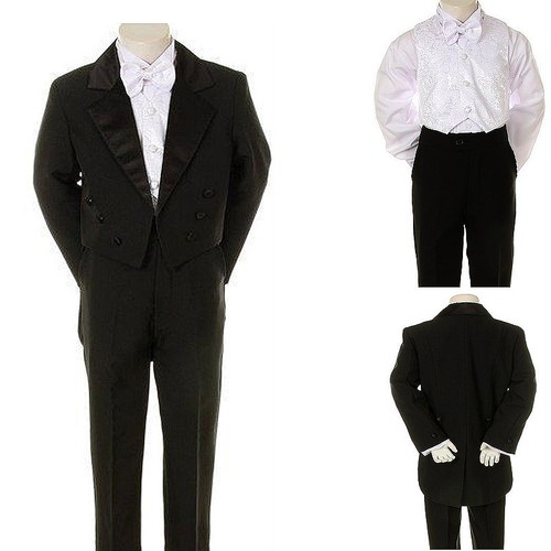 Infant Toddler Boy Black Formal Tuxedo White Paisley Vest Suit set size S-20