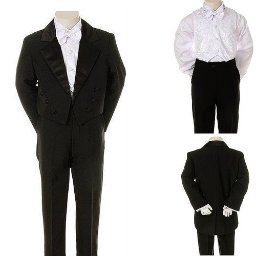 Infant Toddler Boy Black Formal Tuxedo White Paisley Vest Suit set size S-20 - Afbeelding 1 van 8