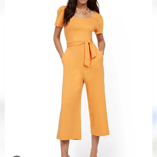 NWT NY&CO Orange Crop Jumpsuit Wide Leg Knit With Sash Belt Scoop Neck Medium