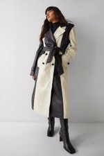 Warehouse Premium Real Leather Colourblock Trench Coat Black Cream Uk 12 Bnwt R2