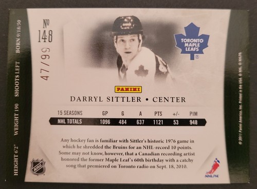 2010-11 PANINI DOMINION HOCKEY 148 DARRYL SITTLER 47/99 MAPLE LEAFS - Picture 2 of 2