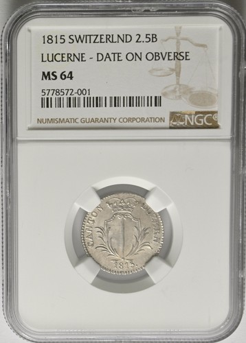 CD0470 Rare Switzerland 2 1/2 Batz 1815 Lucerne Silver NGC MS64 - Picture 2 of 3