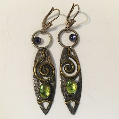 Mixed Metal Abstract Earrings Peridot Iolite Gemstones Pierced Handmade Unique