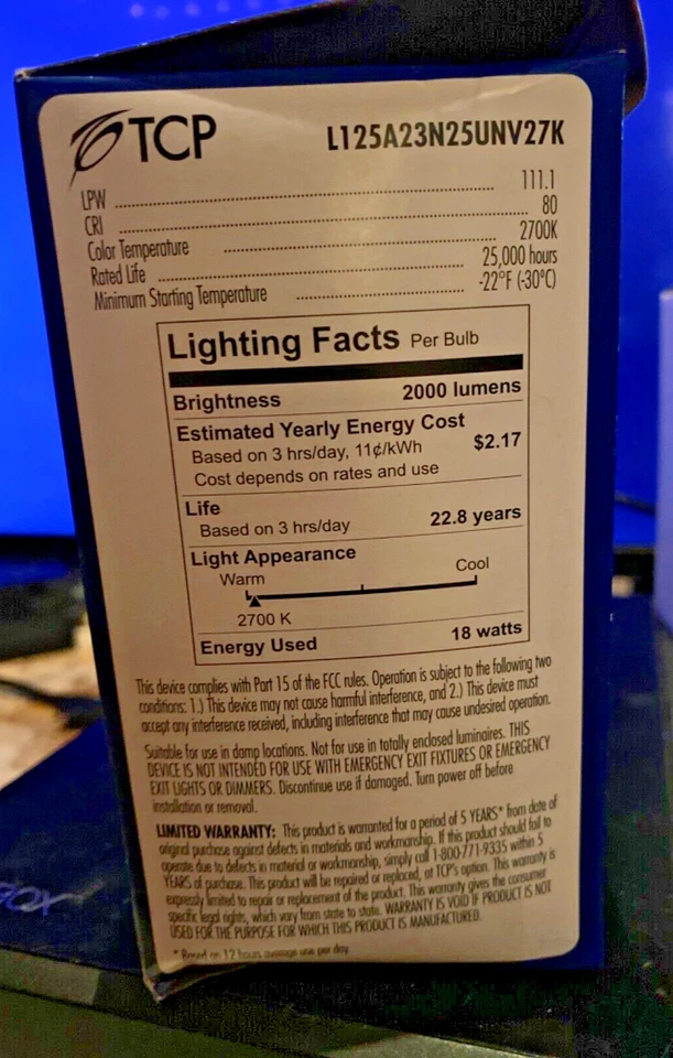 TCP 18w 2700K 2000 Lumens Led Bulb L125A23N25UNV27K - Image 2 of 2