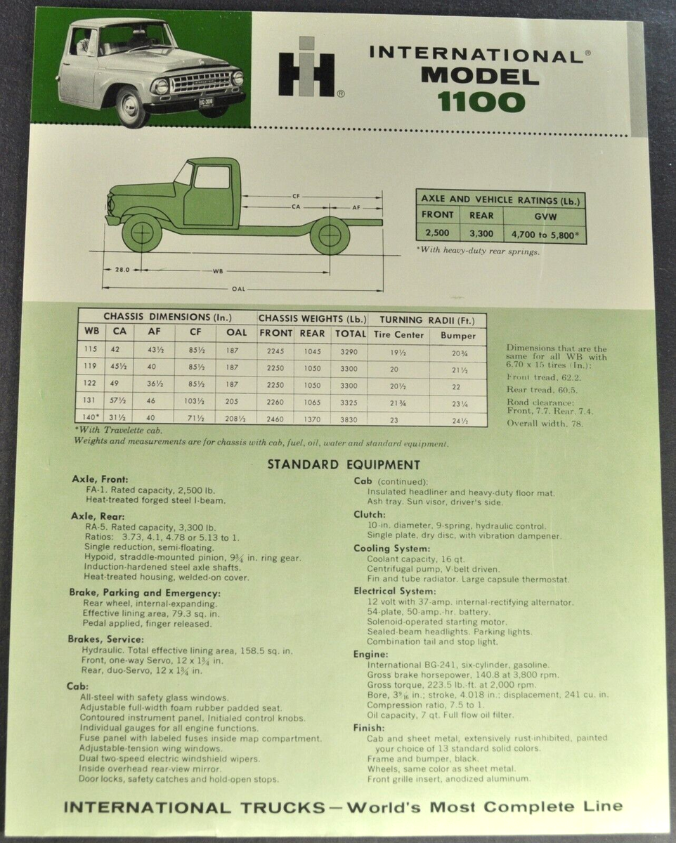 1963 International 1100 Truck Specs Sheet Pickup Travelall