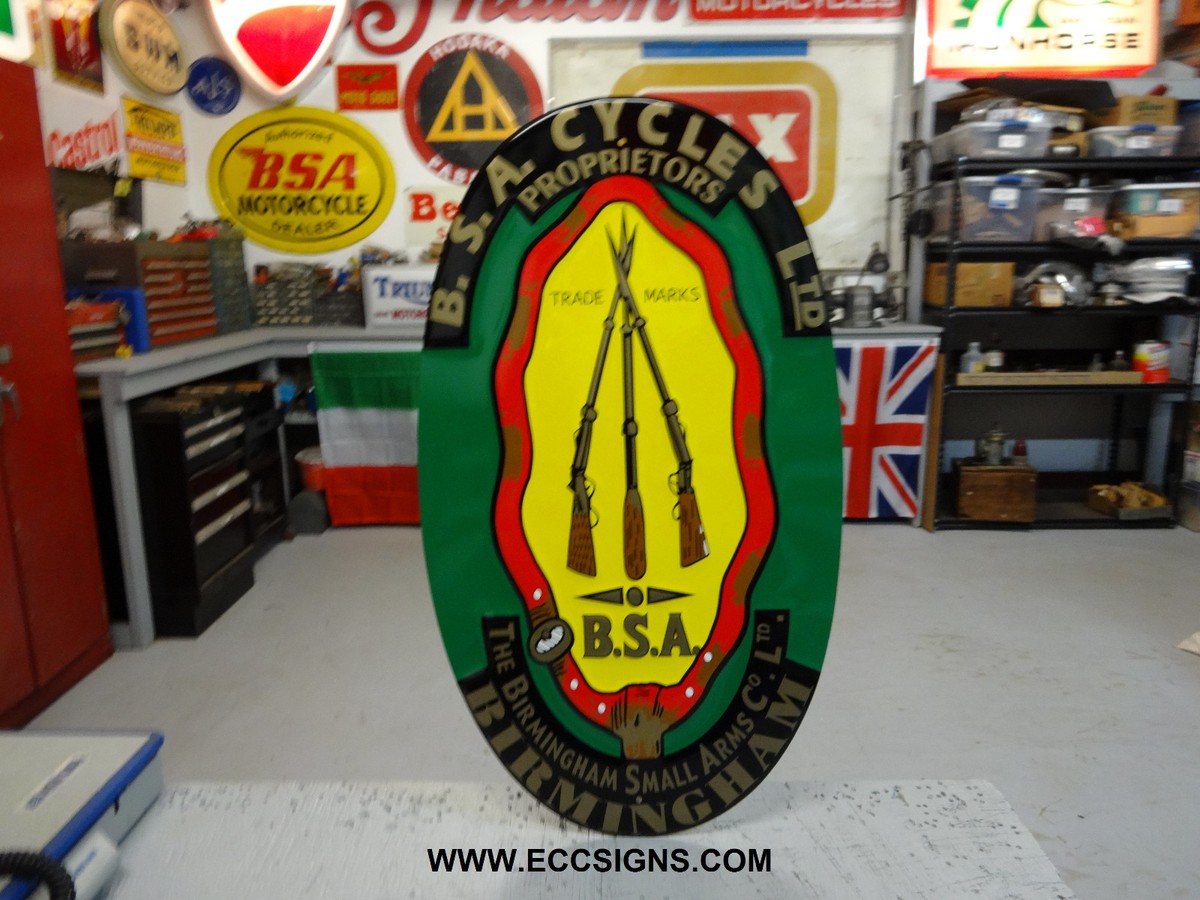 VINTAGE BSA MOTORCYCLE 3 guns Standing DEALER EMBOSSED SIGN