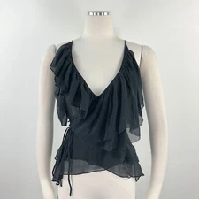 Falls 2 Shirt Black Silk Wrap Ruffle Sleeveless Strappy Spaghetti Straps Layered