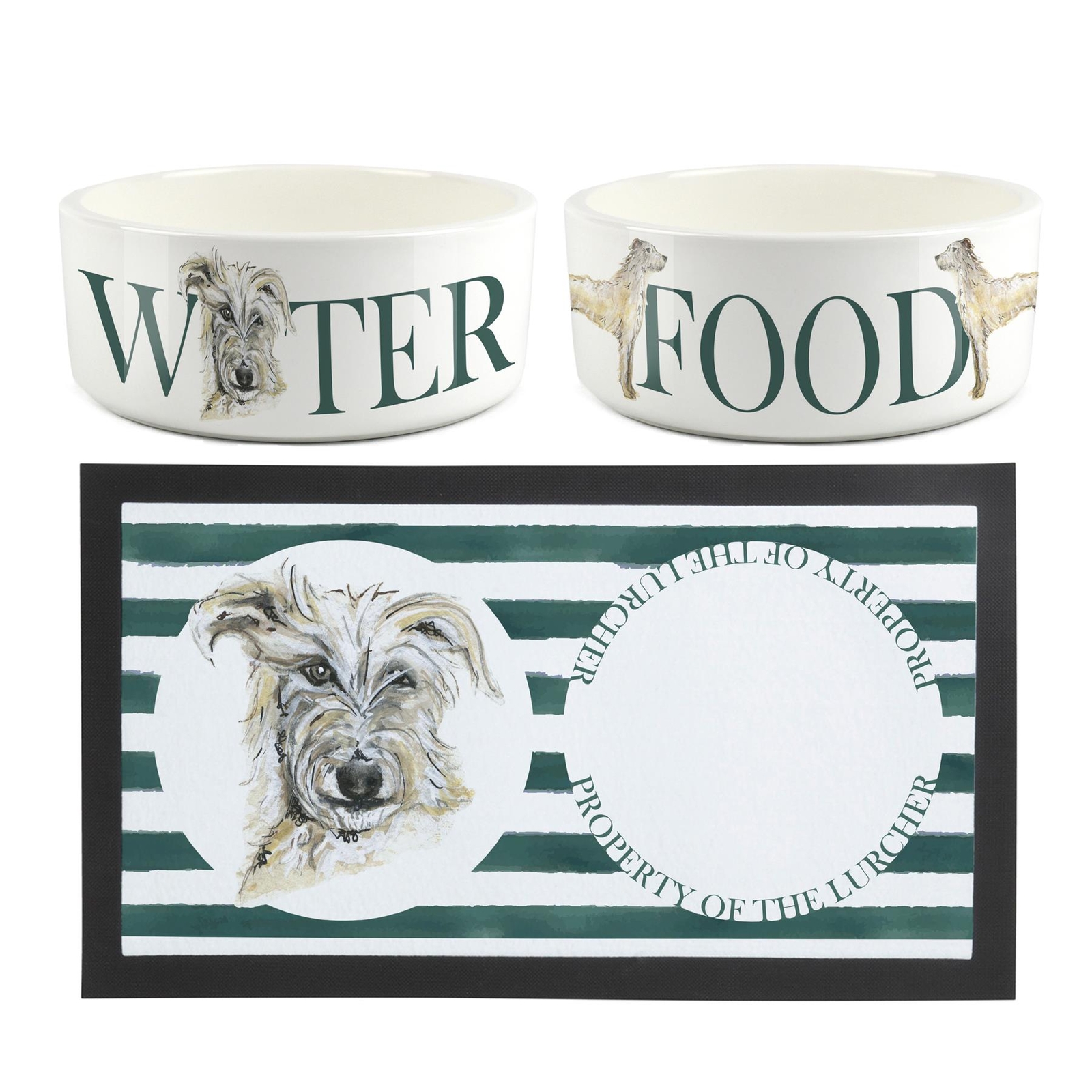 Lurcher Dog Bowls & Mat Set - Large White Ceramic Food/Water Dish Gift