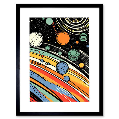 Outer Space Comic Book Style Milky Way Planets Rings Sun Framed Art Print 12X16