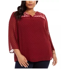 Style & Co Womens Plus 3X Eyelet Red Mix Media Sheer Blouse with Camisole NWT